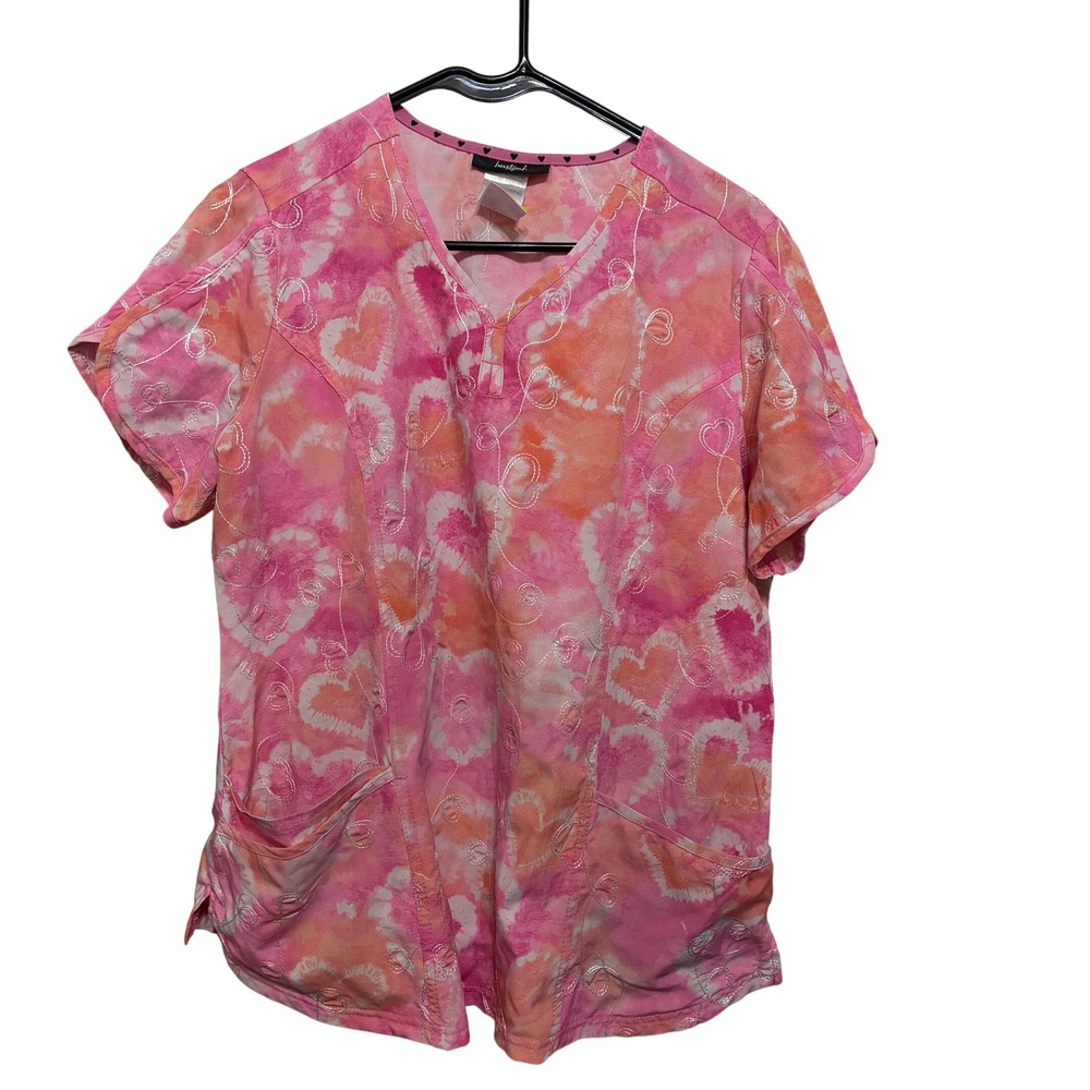 Heartsoul Pink Orange Tie Dye Heart Embroidered V-Neck Scrub Top Large
